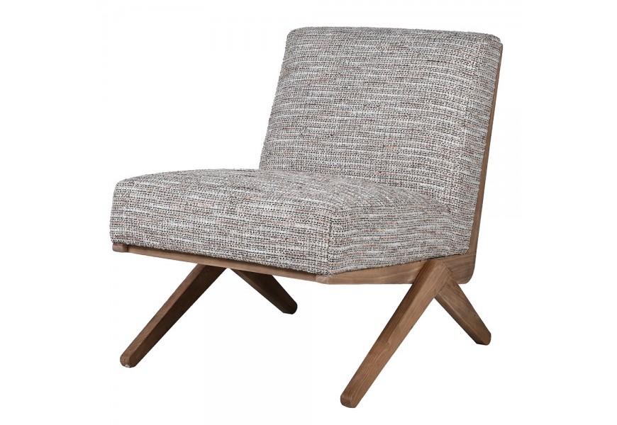 Retro křeslo Axis s nízkou konstrukcí s šedým potahem z viskózy a ořechovou hnědou dřevěnou konstrukcí s kříženýma nohama bez bočních opěrek