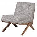 Retro křeslo Axis s nízkou konstrukcí s šedým potahem z viskózy a ořechovou hnědou dřevěnou konstrukcí s kříženýma nohama bez bočních opěrek