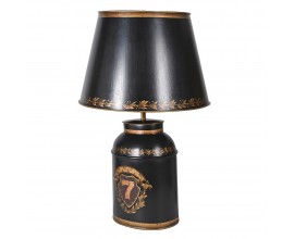 Retro kovová noční lampa Eloise v černé a zlaté barvě s válcovou nohou a stínítkem se zlatými malovanými detaily