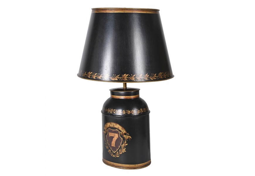 Retro kovová noční lampa Eloise v černé a zlaté barvě s válcovou nohou a stínítkem se zlatými malovanými detaily