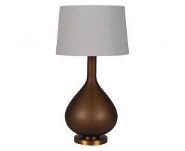 Designová skleněná stolní lampa Noida s matnou nohou v oříškové hnědé barvě s kovovým podstavcem v bronzovém provedení s kulatým stínítkem ze lněné textilie ve světle šedé barvě