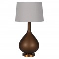 Designová skleněná stolní lampa Noida s matnou nohou v oříškové hnědé barvě s kovovým podstavcem v bronzovém provedení s kulatým stínítkem ze lněné textilie ve světle šedé barvě