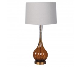 Glamour retro stolní lampa Antari s podstavou ze skla s hnědým tónováním ve spodní části s kovovou konstrukcí ve zlaté barvě s kulatým stínítkem ze lnu v béžové barvě