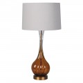 Glamour retro stolní lampa Antari s podstavou ze skla s hnědým tónováním ve spodní části s kovovou konstrukcí ve zlaté barvě s kulatým stínítkem ze lnu v béžové barvě