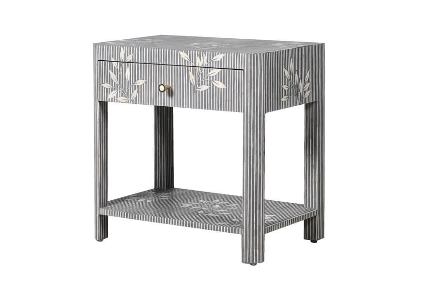 Luxusní vintage noční stolek Liora z mangového dřeva s intarzií bone inlay v šedo-bílé barvě se zásuvkou a policí 62 cm