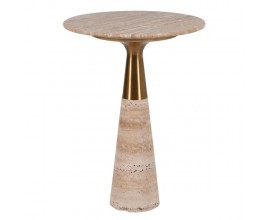 Luxusní art deco mramorový kulatý příruční stolek Lucenzo s kuželovou béžovou nohou a zlatým kovovým detailem 56 cm