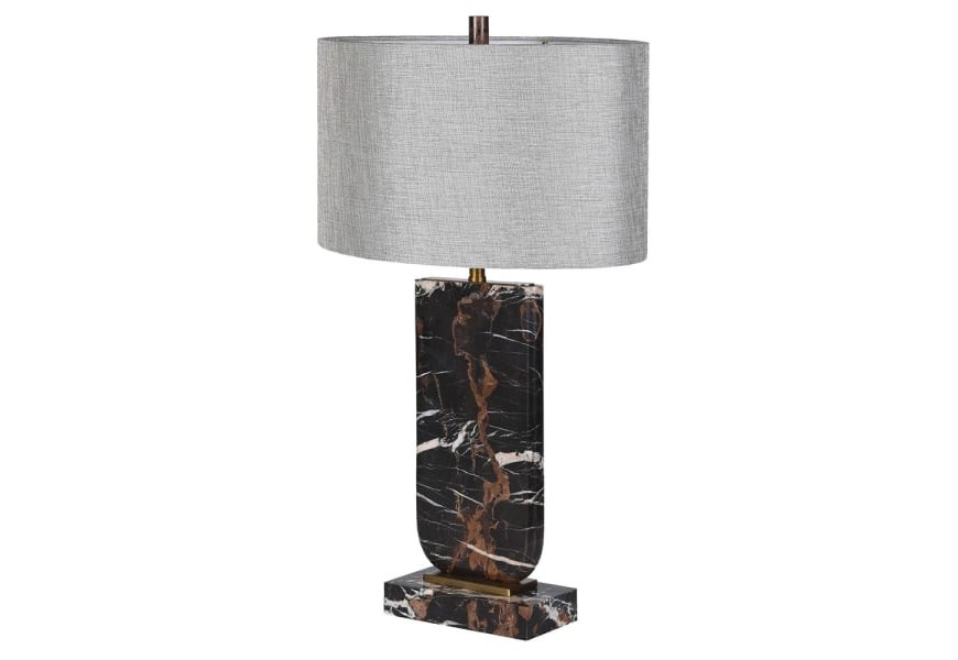 Art deco mramorová noční lampa Astrida s obdélníkovou mramorovou podstavou a zaoblenou středovou částí s oválným šedým stínítkem