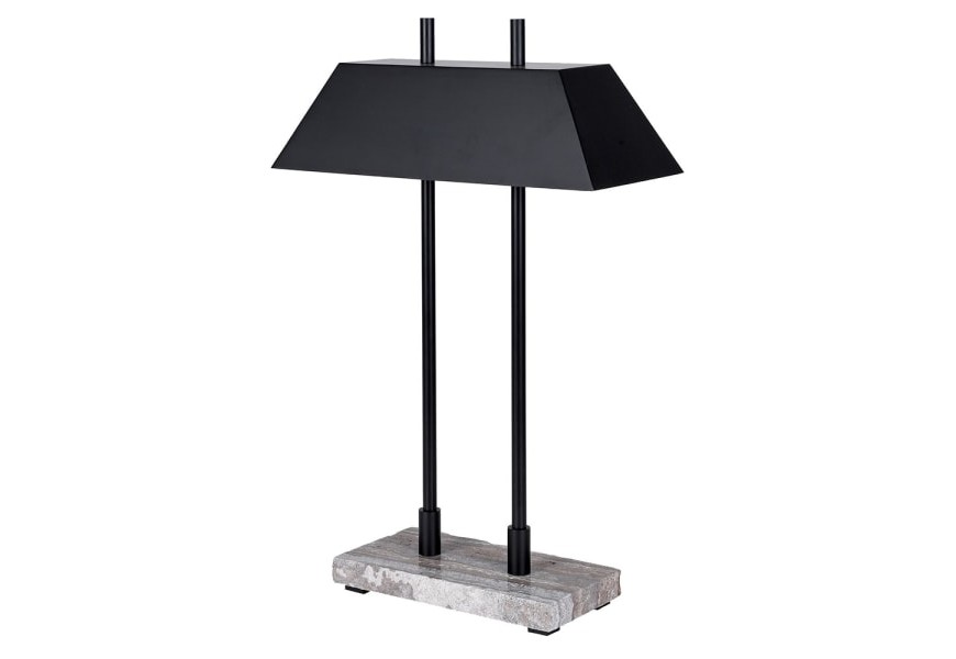 Industriální stolní lampa Brent s mramorovou šedou podstavou a černým lněným obdélníkovým stínítkem 64 cm