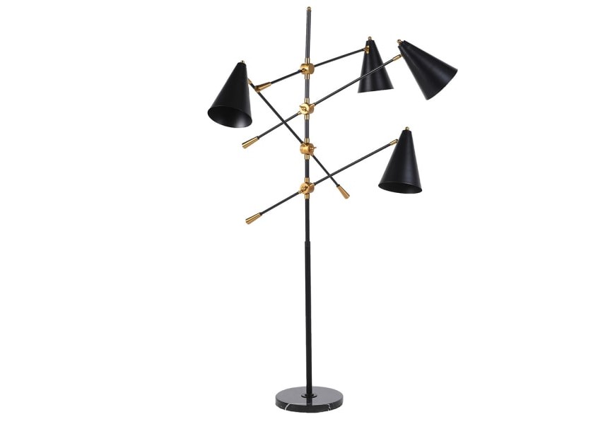 Luxusní art deco černá stojací lampa Twin se čtyřmi stínítky a mramorovou podstavou 174 cm