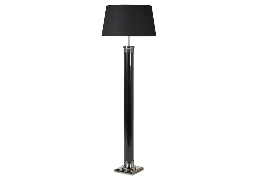 Art deco vysoká stojací lampa Falcone s černým válcovým stínítkem se stříbrnými detaily a čtvercovou kovovou podstavou