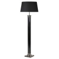 Art deco vysoká stojací lampa Falcone s černým válcovým stínítkem se stříbrnými detaily a čtvercovou kovovou podstavou
