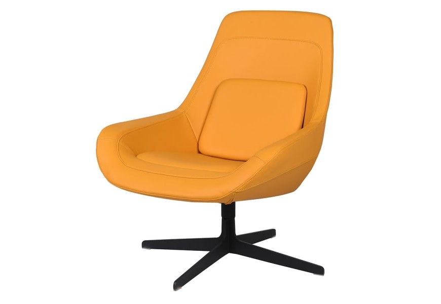 Designové otočné křeslo Averro ve žluté barvě s eko koženým potahem s otočnou funkcí a vysokým opěradlem se čtvercovým polštářem a kovovou černou podstavou