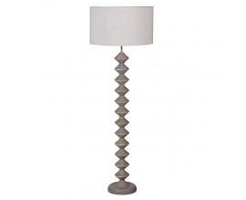 Luxusní venkovská stojací lampa Quart s vyřezávanou dřevěnou nohou a lněným stínítkem v šedé barvě 155 cm