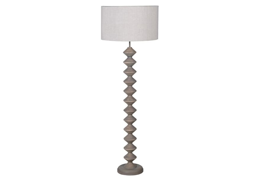 Luxusní venkovská stojací lampa Quart s vyřezávanou dřevěnou nohou a lněným stínítkem v šedé barvě 155 cm