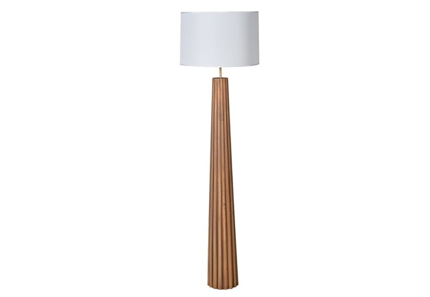Luxusní art deco stojací lampa Ranty s kuželovou dřevěnou topolovou nohou v hnědé barvě s drážkami s bílým lněným válcovým stínítkem