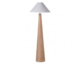 Art deco stojací lampa Ranty s kuželovou nohou z kaučukového dřeva v hnědé barvě se spirálovým vzorem a kuželovým stínítkem v bílé barvě ze lnu