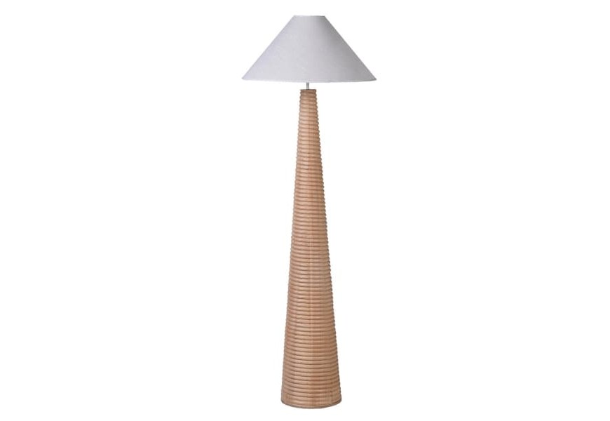 Art deco stojací lampa Ranty s kuželovou nohou z kaučukového dřeva v hnědé barvě se spirálovým vzorem a kuželovým stínítkem v bílé barvě ze lnu
