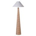 Art deco stojací lampa Ranty s kuželovou nohou z kaučukového dřeva v hnědé barvě se spirálovým vzorem a kuželovým stínítkem v bílé barvě ze lnu