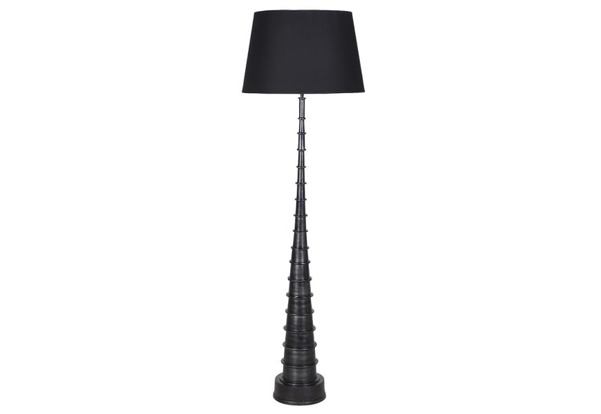 Industriální černá stojací lampa Nero s kovovou nohou v kuželovém tvaru s kulatou podstavou s válcovým lněným stínítkem