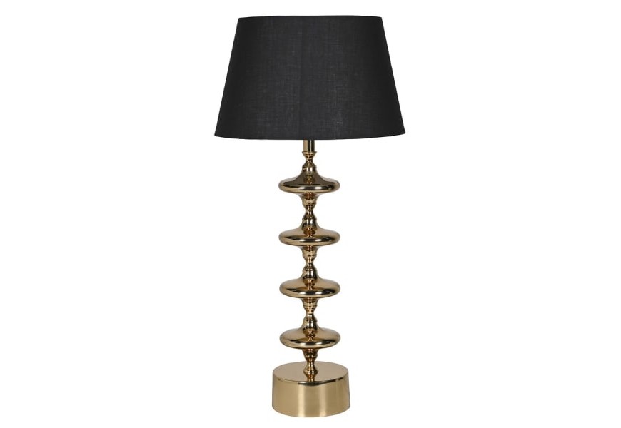 Glamour stolní lampa Aurora Gold ve zlaté barvě s kovovou nohou s disky a kulatou podstavou s bavlněným černým stínítkem