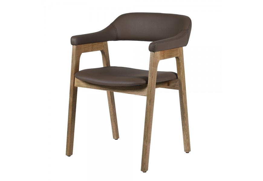 Designová retro židle Vettis s hnědým eko ​​koženým potahem se zaobleným opěradlem do tvaru U a dřevěnou topolovou konstrukcí