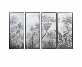 Retro sada čtyř obrazů Botanical Noir s černým dřevěným rámem a botanickým motivem v odstínech šedé