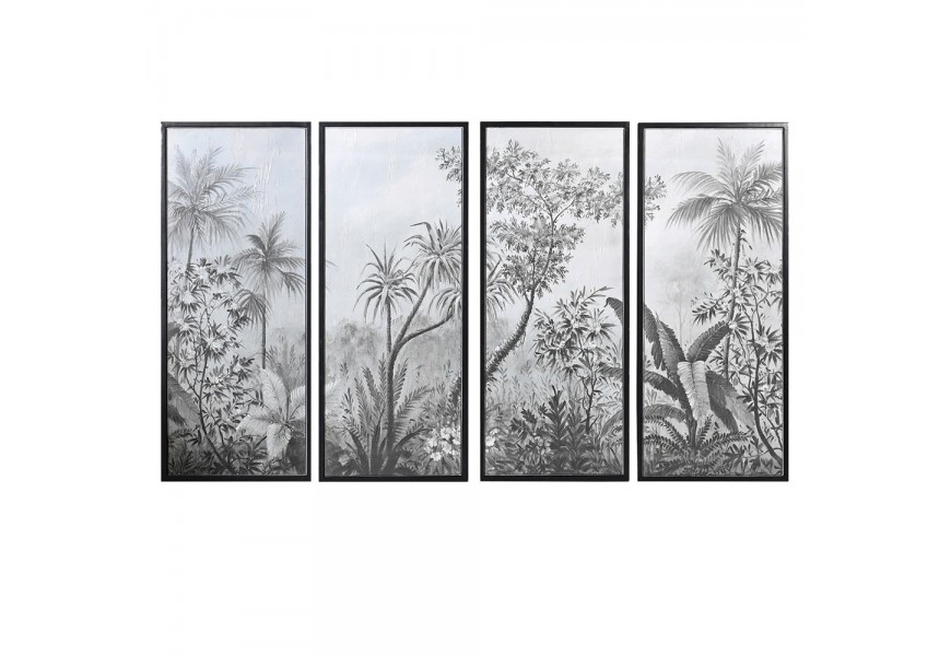 Retro sada čtyř obdélnikových obrazů Botanical Noir s černým dřevěným rámem a botanickým motivem v odstínech šedé