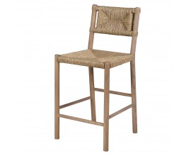 Designová etno barová židle Nara z jilmového dřeva s výpletem z mořské trávy v zelené hnědé barvě a geometrickým vzorem