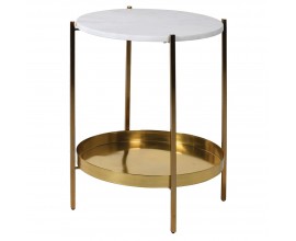 Art deco mramorový kulatý příruční stolek Augustin z kamene v bílé barvě s šedým žilkováním se čtyřmi nožičkami s kulatým tácem s vyvýšeným okrajem z kovu ve zlaté barvě