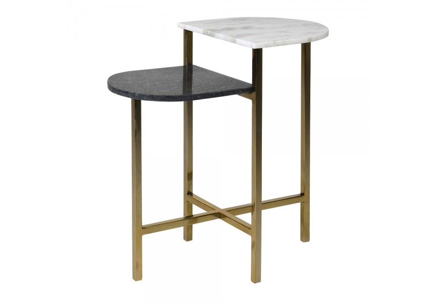 Art deco mramorový příruční stolek Duomarble se zaoblenými dvěma vrchními deskami v černé a bílé barvě s kovovými nožičkami se spodní příčkou ve tvaru x z nerezavějící oceli ve zlaté barvě Art deco mramorový příruční stolek Duomarble se zaoblenými dvěma vrchními deskami v černé a bílé barvě s kovovými nožičkami se spodní příčkou ve tvaru x z nerezavějící oceli ve zlaté barvě