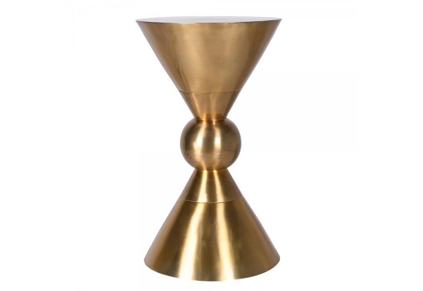 Art deco kulatý zlatý příruční stolek ve tvaru přesýpacích hodin s dekorativní koulí uprostřed z hliníku s kulatou vrchní deskou Art deco kulatý zlatý příruční stolek ve tvaru přesýpacích hodin s dekorativní koulí uprostřed z hliníku s kulatou vrchní deskou