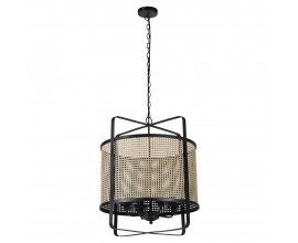 Vintage béžová kulatá stropní lampa s dekorativním efektem ratanového výpletu z kovu s černou konstrukcí s řetězem s kulatým stropním zakončením