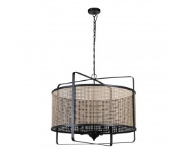 Industriální béžová kulatá lampa Ravel s ratanovým vizuálem s obdélníkovou konstrukcí v černé barvě s řetězem s kulatým stropním krytem