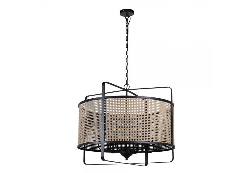 Industriální béžová kulatá lampa Ravel s ratanovým vizuálem s obdélníkovou konstrukcí v černé barvě s řetězem s kulatým stropním krytem Industriální béžová kulatá lampa Ravel s ratanovým vizuálem s obdélníkovou konstrukcí v černé barvě s řetězem s kulatým stropním krytem