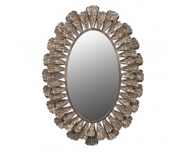 Vintage designové nástěnné oválné zrcadlo Levandro s kovovým dekorativním rámem s florálními motivy v bronzové barvě s patinou