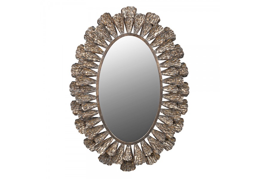 Vintage designové nástěnné oválné zrcadlo Levandro s kovovým dekorativním rámem s florálními motivy v bronzové barvě s patinou Vintage designové nástěnné oválné zrcadlo Levandro s kovovým dekorativním rámem s florálními motivy v bronzové barvě s patinou