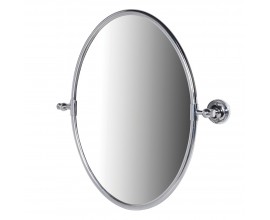 Moderní oválné nástěnné zrcadlo s mosazným rámováním ve stříbrné barvě s lesklým povrchem s kulatými úchytkami