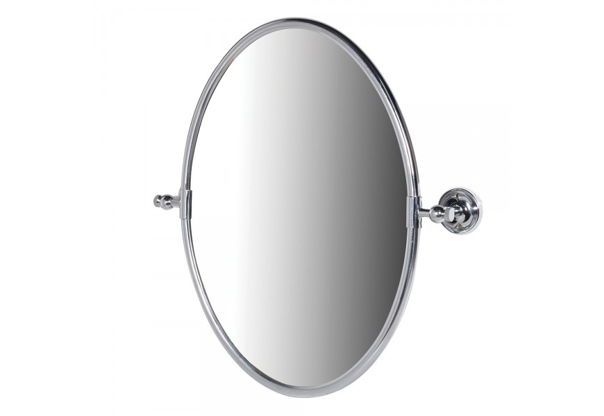 Moderní oválné nástěnné zrcadlo s mosazným rámováním ve stříbrné barvě s lesklým povrchem s kulatými úchytkami