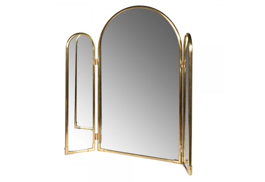 Designové art deco zrcadlo Avella s kovovým rámem ve zlaté barvě s obloukem ve vrchní části se dvěma užšími pohyblivými skládacími bočními panely s oblouky Designové art deco zrcadlo Avella s kovovým rámem ve zlaté barvě s obloukem ve vrchní části se dvěma užšími pohyblivými skládacími bočními panely s oblouky
