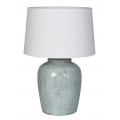 Designová keramická stolní lampa Zippy a nohou ve světle modré barvě se zelenou patinou a lesklou glazurou s bílým válcovitým stínítkem s rozšířenou spodní částí Designová keramická stolní lampa Zippy a nohou ve světle modré barvě se zelenou patinou a lesklou glazurou s bílým válcovitým stínítkem s rozšířenou spodní částí