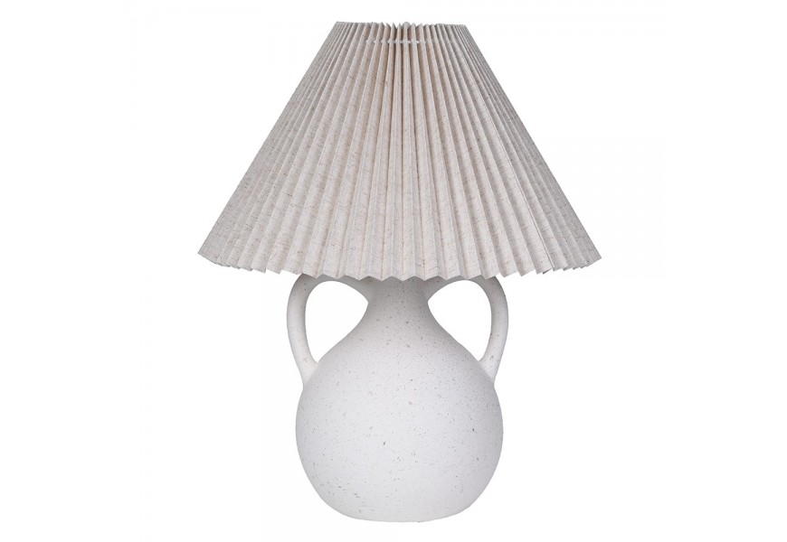 Venkovská vintage noční lampa Novelle s keramickou podstavou ve tvaru kameninové vázy se dvěma oušky v bílé barvě s naturální strukturou s kuželovitým skládaným stínítkem z bílé lněné textilie s přirozenou barvou vlákna