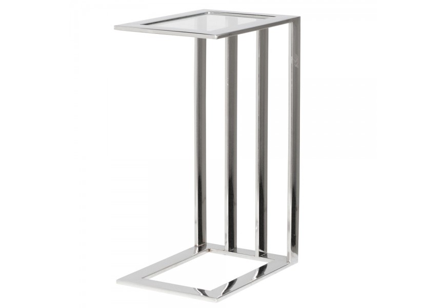 Moderní designový příruční stolek Slater s průhlednou obdélníkovou skleněnou deskou v kovovém rámu s obdélníkovou podstavou a čtyřmi nohama na jedné straně v lesklém chromovém provedení Moderní designový příruční stolek Slater s průhlednou obdélníkovou skleněnou deskou v kovovém rámu s obdélníkovou podstavou a čtyřmi nohama na jedné straně v lesklém chromovém provedení