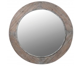 Designové industriální kulaté závěsné zrcadlo Many s hnědým dřevěným rámem a kovovými detaily s patinou 110 cm