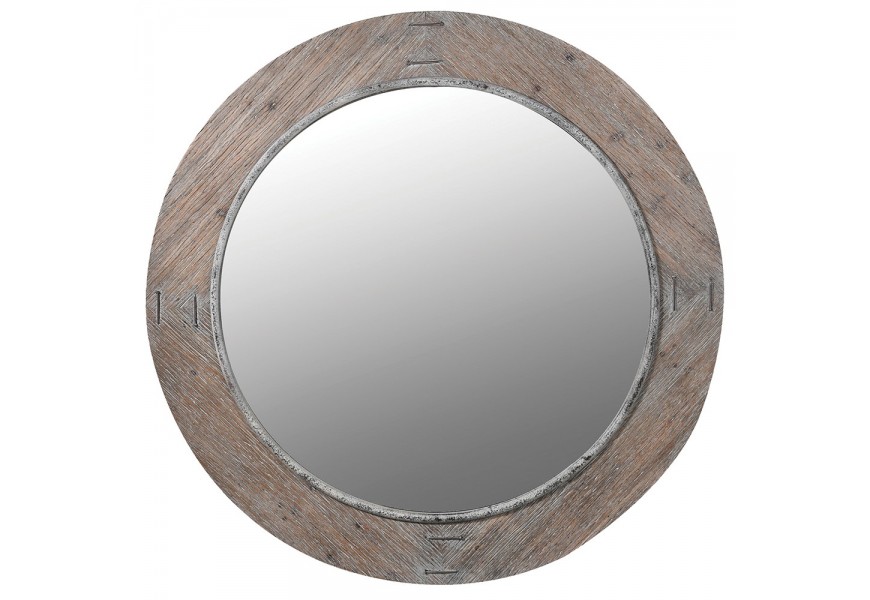 Vintage nástěnné kulaté hnědošedé zrcadlo Many s dřevěným rámem s výraznou kresbou letokruhů s kovovými spoji a lemováním zrcadlové plochy se starožitným zestárlým efektem Vintage nástěnné kulaté hnědošedé zrcadlo Many s dřevěným rámem s výraznou kresbou letokruhů s kovovými spoji a lemováním zrcadlové plochy se starožitným zestárlým efektem