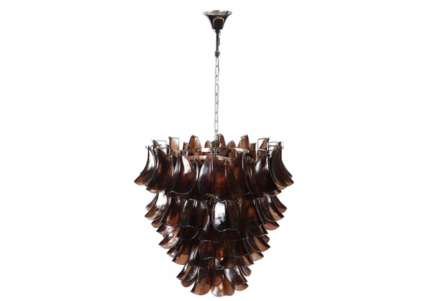 Luxusní designový skleněný lustr Autumn se stínítkem složeným z hnědých prohnutých poloprůhledných listů na lesklé chromové konstrukci se závěsným řetězem Luxusní designový skleněný lustr Autumn se stínítkem složeným z hnědých prohnutých poloprůhledných listů na lesklé chromové konstrukci se závěsným řetězem