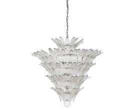 Luxusní designový skleněný lustr Fiara s konstrukcí z kovu v lesklém chromovém provedení a stínítkem z průhledných pírek s plastickou strukturou v pěti řadách na závěsném řetězu