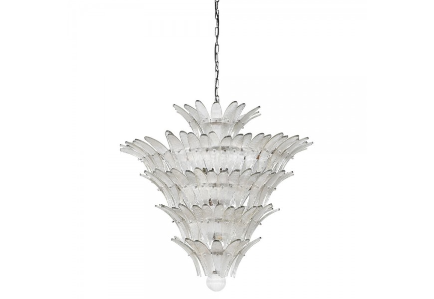 Luxusní designový skleněný lustr Fiara s konstrukcí z kovu v lesklém chromovém provedení a stínítkem z průhledných pírek s plastickou strukturou v pěti řadách na závěsném řetězu Luxusní designový skleněný lustr Fiara s konstrukcí z kovu v lesklém chromovém provedení a stínítkem z průhledných pírek s plastickou strukturou v pěti řadách na závěsném řetězu