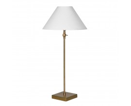 Luxusní glamour stolní lampa Tarkten se štíhlou zlatou kovovou nohou se čtvercovou podstavou a kulatým dole rozšířeným stínítkem ze lnu v bílé barvě