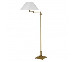 Luxusní art deco stojací lampa Tarkten s nohou se čtvercovou podstavou a nastavitelným ramenem z kovu v mosazné zlaté barvě se čtvercovým stínítkem s rozšířenou spodní částí ze lnu v bílé barvě