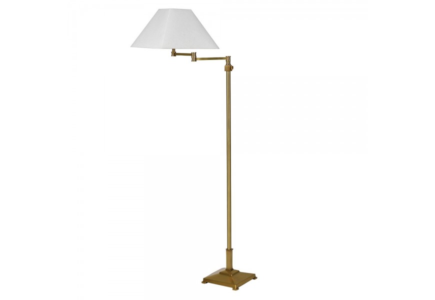 Luxusní art deco stojací lampa Tarkten s nohou se čtvercovou podstavou a nastavitelným ramenem z kovu v mosazné zlaté barvě se čtvercovým stínítkem s rozšířenou spodní částí ze lnu v bílé barvě Luxusní art deco stojací lampa Tarkten s nohou se čtvercovou podstavou a nastavitelným ramenem z kovu v mosazné zlaté barvě se čtvercovým stínítkem s rozšířenou spodní částí ze lnu v bílé barvě